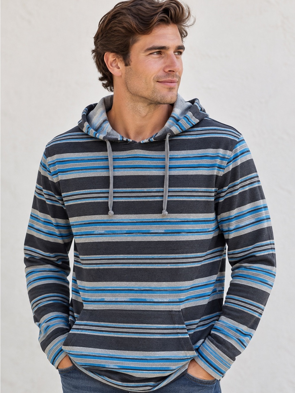 O’Neill Men’s Striped Pullover Hoodie Gray Blue Size M